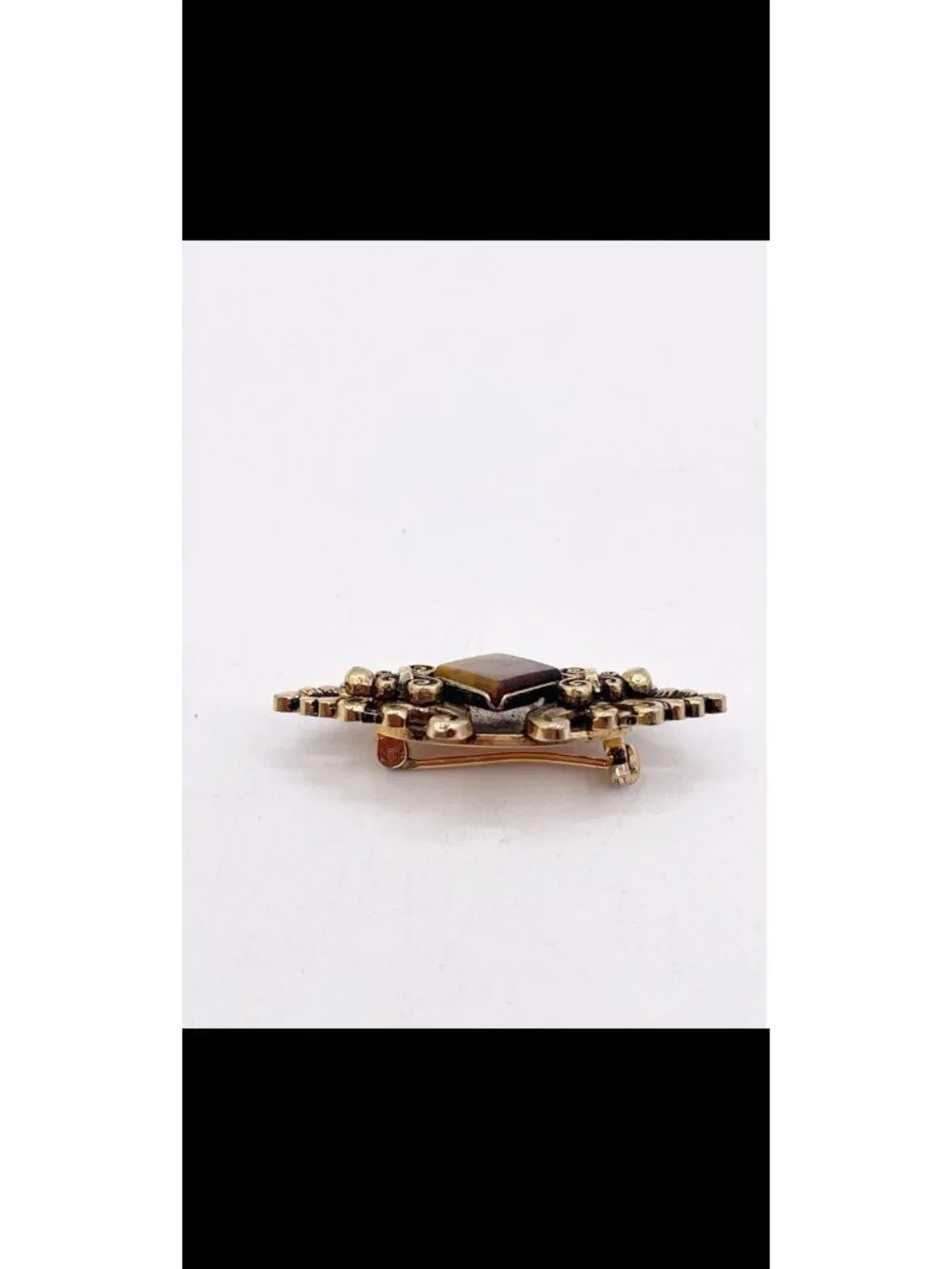 Vintage Tiger Eye Brooch Gold Tone Victorian Revival Scroll Bar Pin Ornate